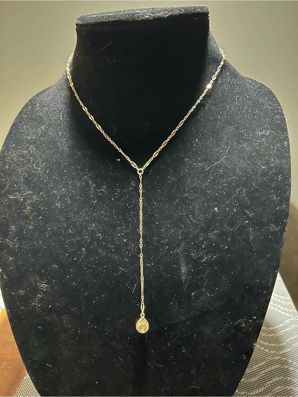 Delicate Gold filled Lariat Necklace with rutilated quartz teardrop
